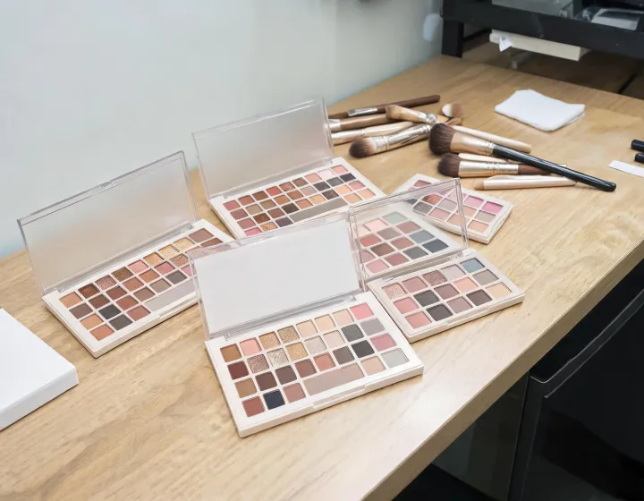 eyeshadow palette wholesale on a cosmetics bench, illustration only