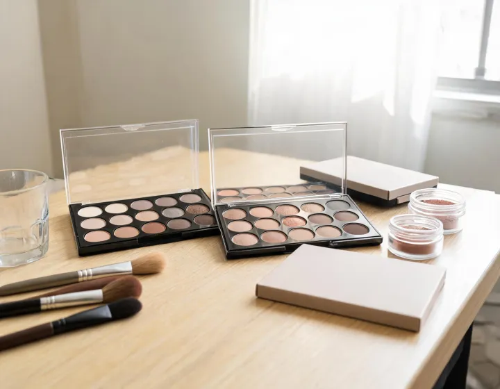 eyeshadow palette wholesale on a cosmetics bench, illustration only